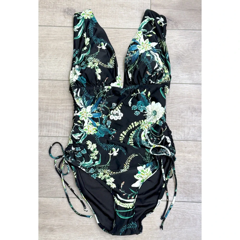 NWT SOMA BLACK TROPICAL TWIST BLACK FLORAL V-NECK FLORAL ONE PIECE SWIMSUIT 14